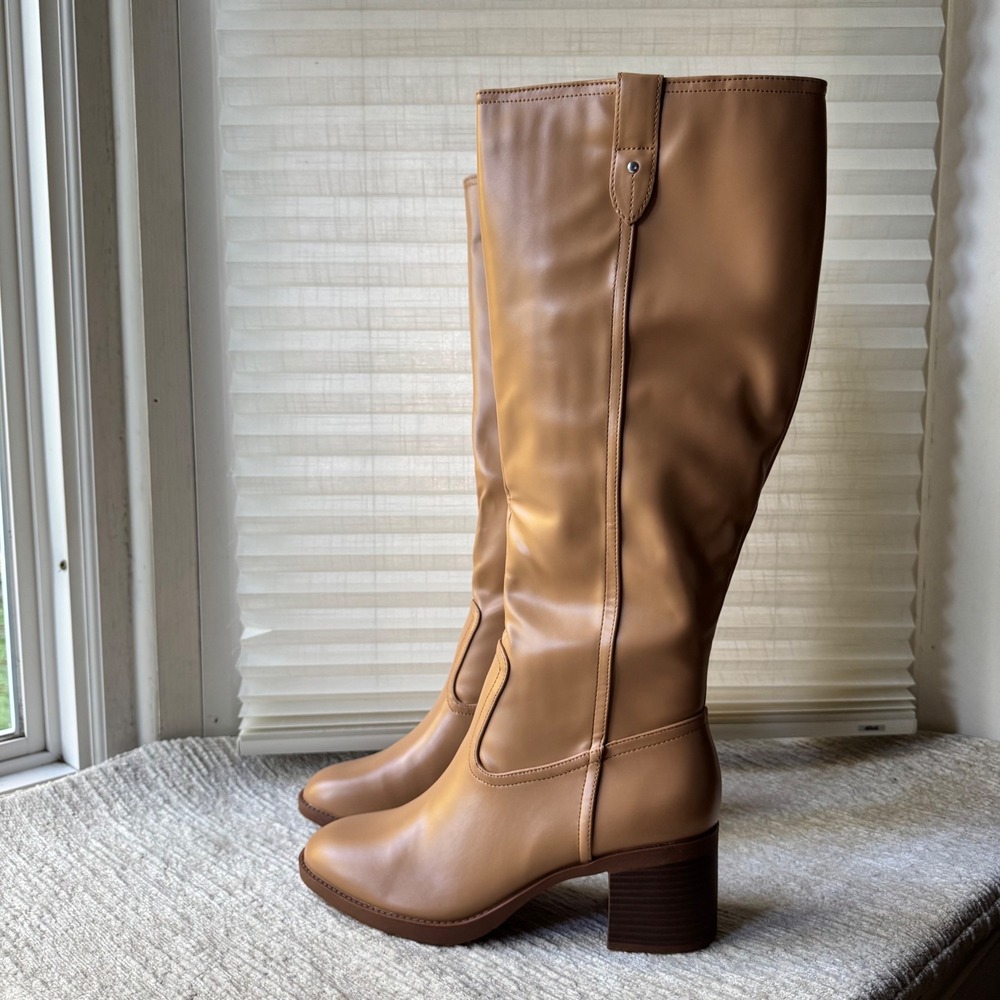 Coutgo Womens Tan Knee High Boots Chunky Block Heel Size 8.5